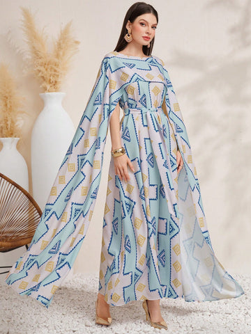 Women's Geometric Pattern Cape Sleeve Turkish Long Shirt