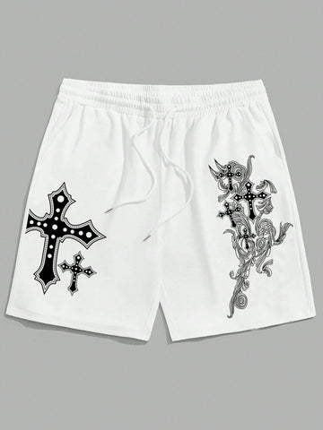 Men'S Drawstring Waist Cross Print Shorts