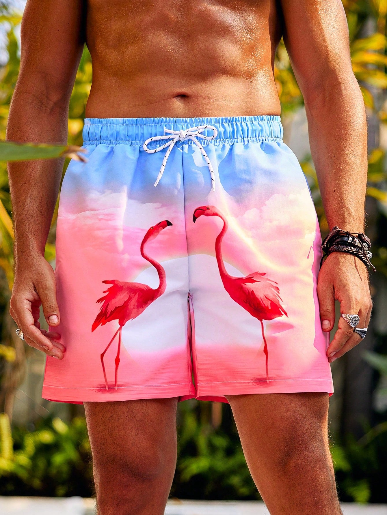 Men'S Flamingo Ombre Print Drawstring Waist Beach Shorts Swim Shorts