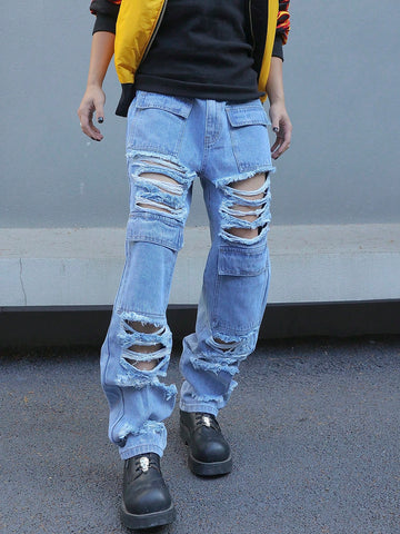 Men'S Straight Leg Jeans With Distressed Details