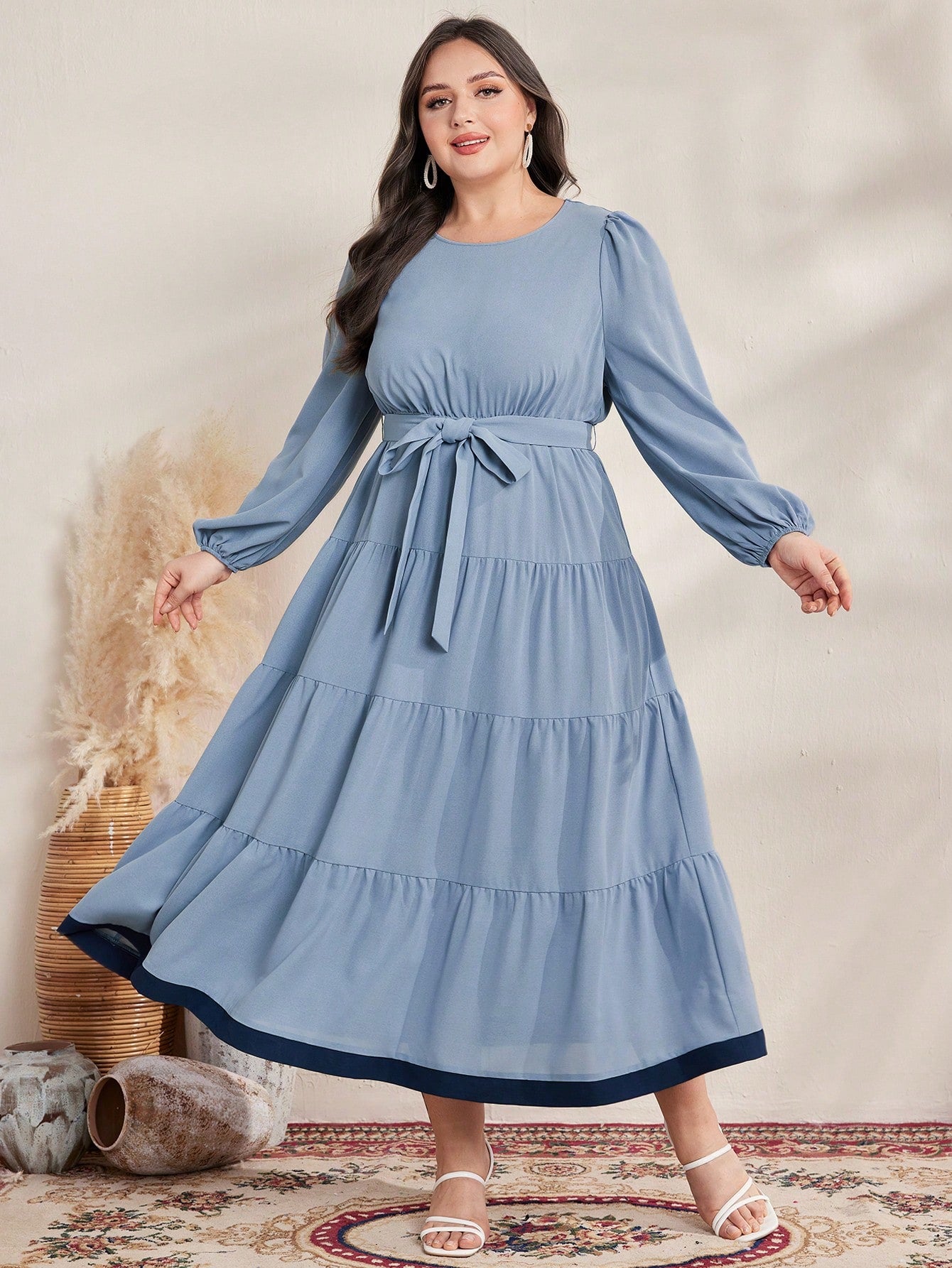 Plus Size Colorblock Lantern Sleeve Dress With Belt