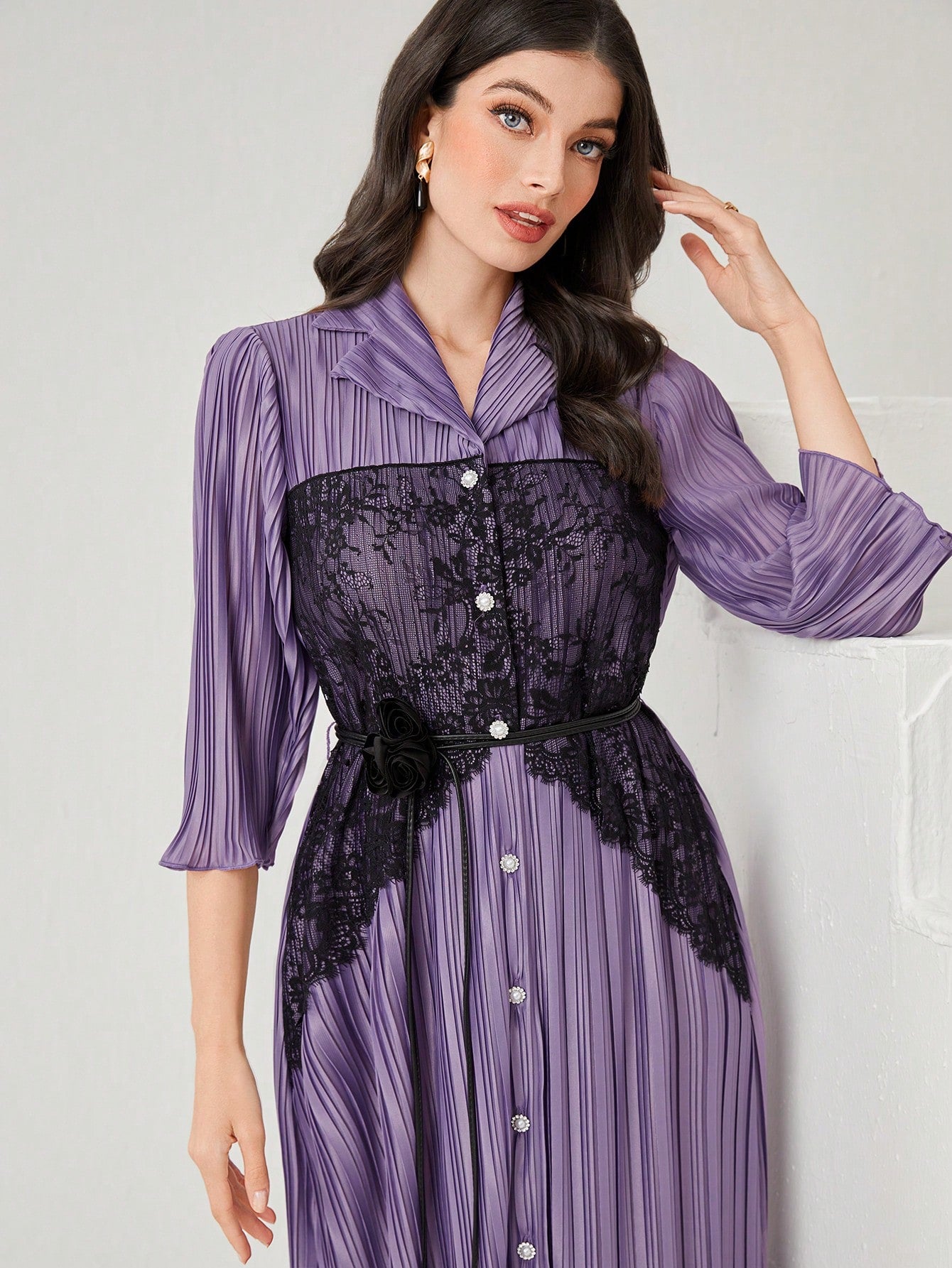 Women'S Lace Patchwork Button Front Dress