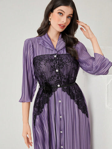 Women'S Lace Patchwork Button Front Dress