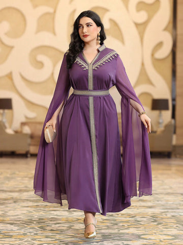 Plus Size Embroidered Woven Panel Cape Sleeve Evening Long Moroccan Kaftan Dress