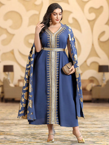 Plus Size Embroidered Dress With Weave Tape Stripes And Cape Sleeves