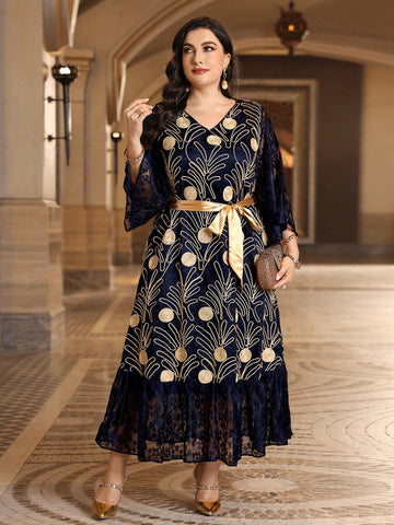 Plus Size Embroidery Patchwork Lace Belted Dress