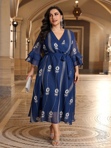 Plus Size Embroidered Flare Sleeve Wrap Belted Dress