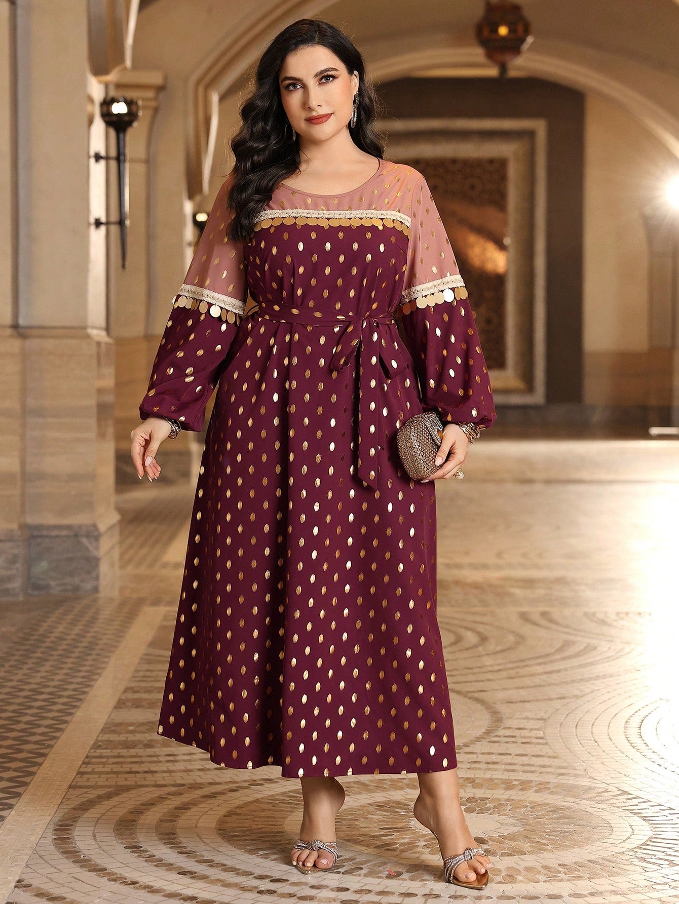 Plus Size Women's Arabic Clothing With Gold Polka Dot Design And Waistband