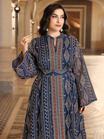 Plus Size Full Printed Notch Neck Long Sleeve Dress