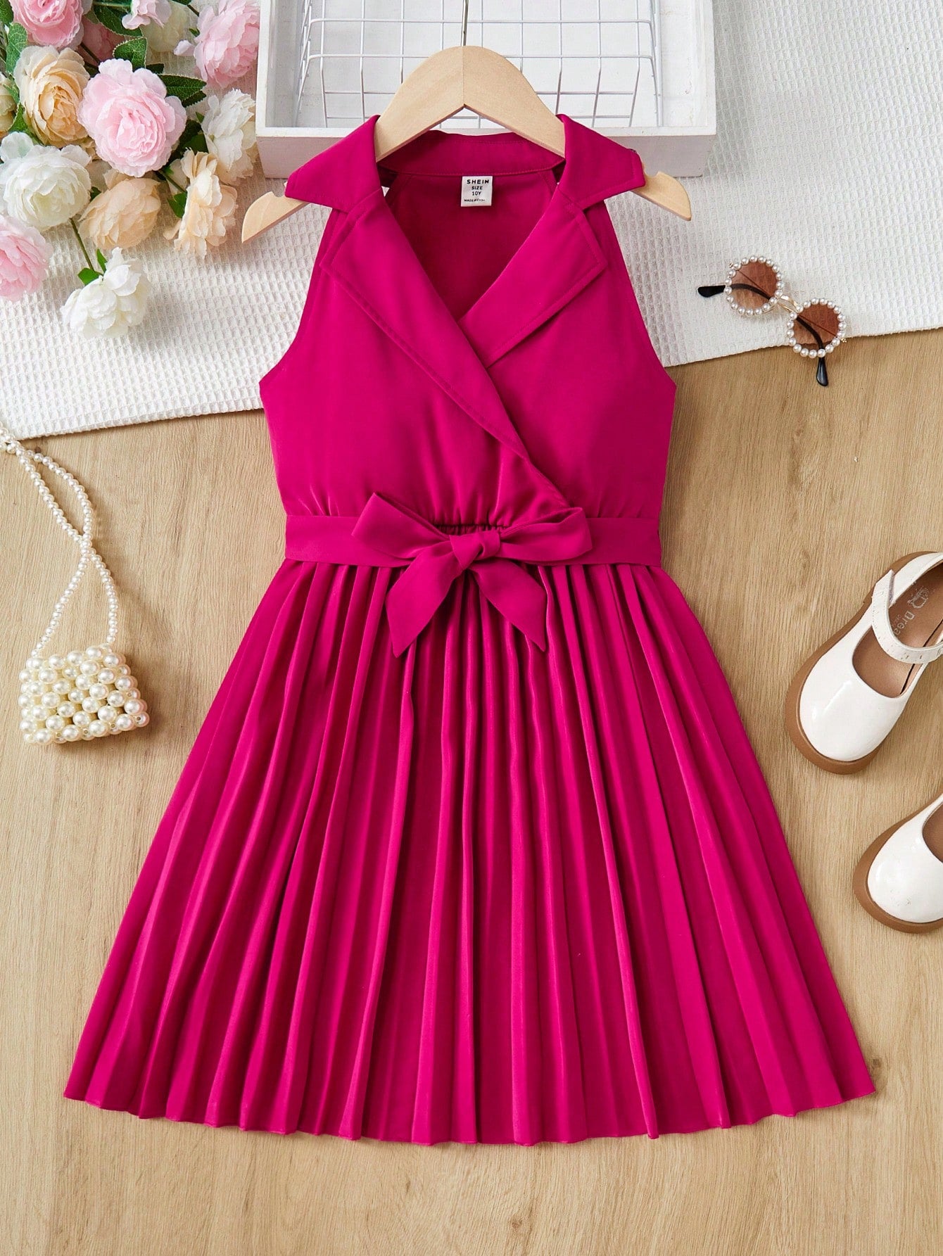 Tween Girls' Suit Collar Detachable Belt Pleated Skirt Hem Dress