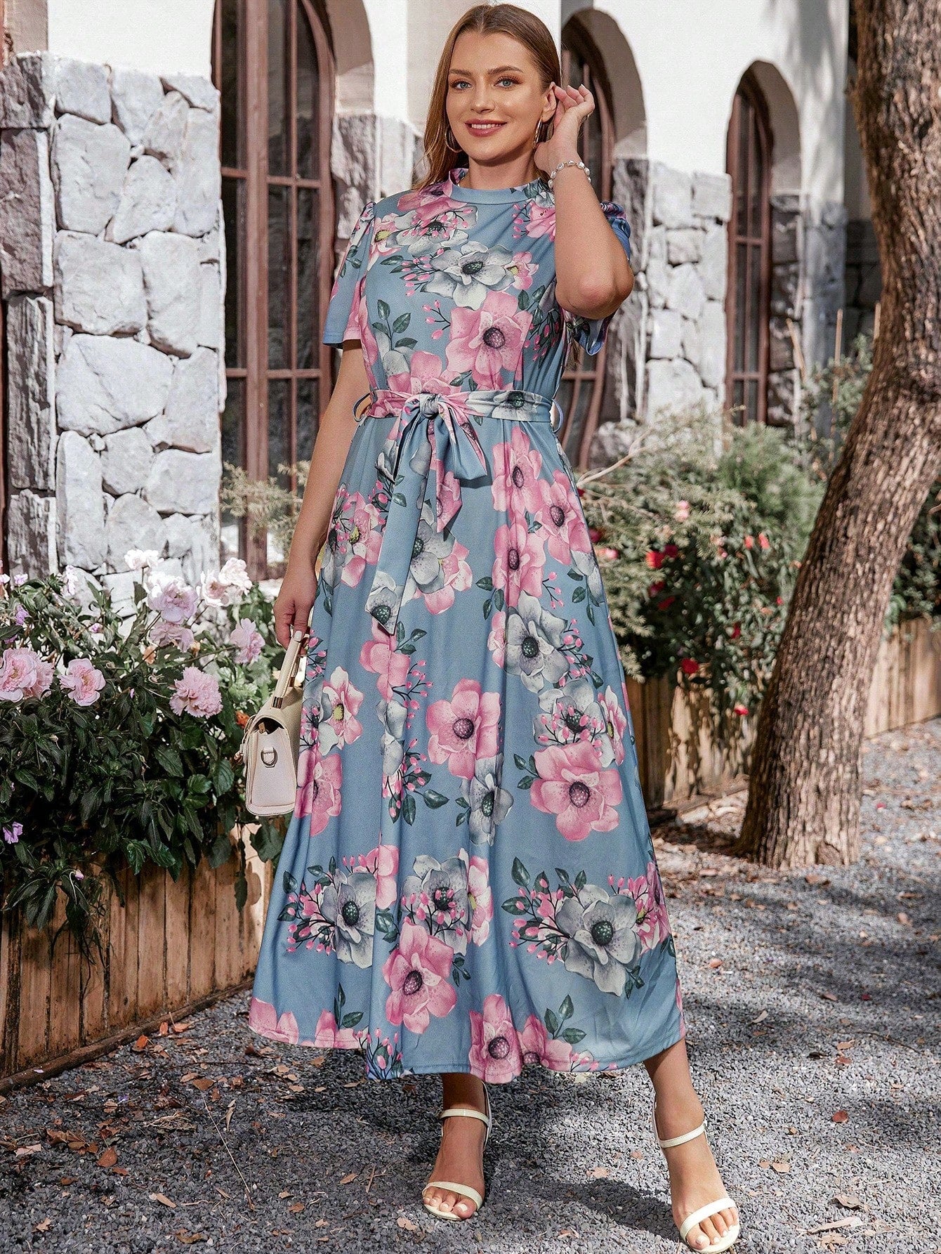 Plus Size Floral Print Dress With Waist Belt