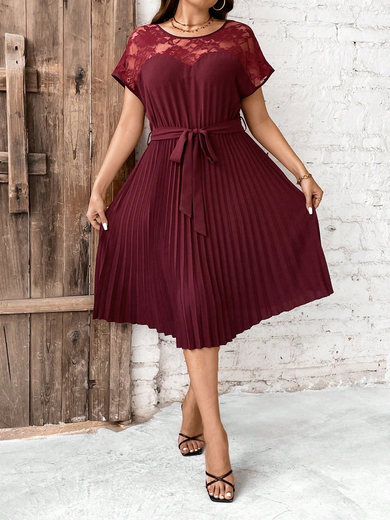 Plus Size Lace Yoke Belted Pleated Dress