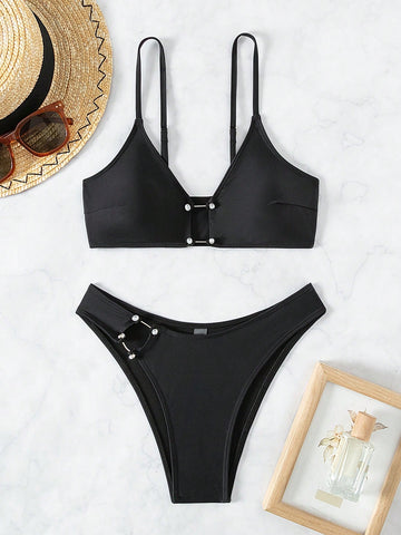 Women'S Swimsuit Set With Sparkling Rhinestone Design And Thin Straps