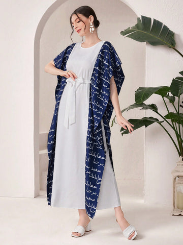 Letter Print Knot Design Round Neck Kaftan