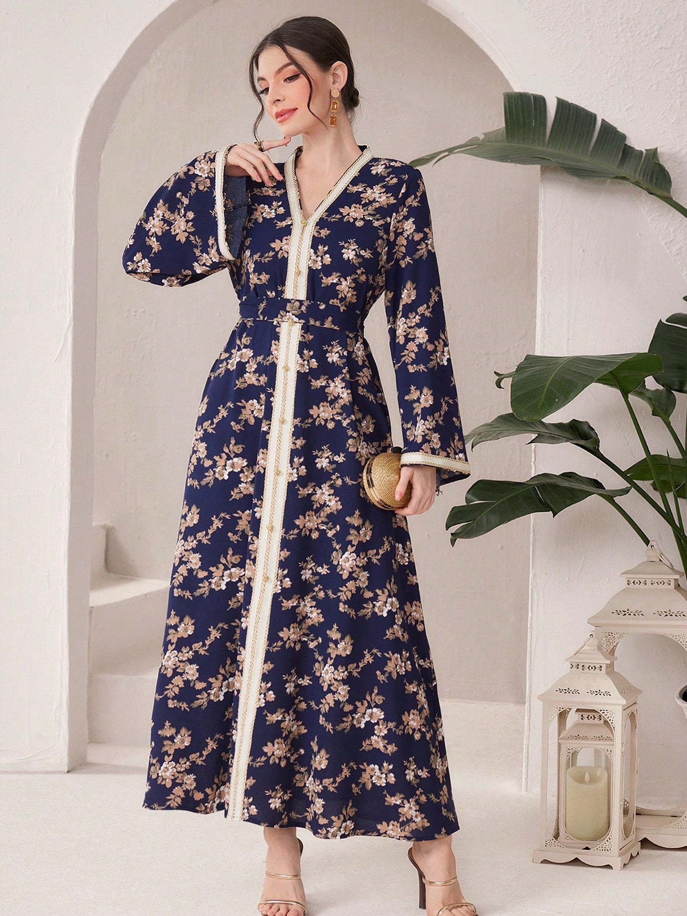 Floral Print Bell Sleeve Patchwork Lace Up Dress