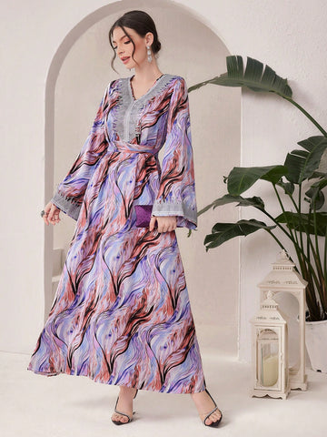 Women's Embroidered Patchwork All-Over Print Trumpet Sleeve Jalabiya Dress