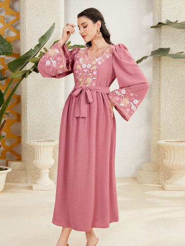 Women's Modest Belted Dress With Floral Embroidery & Long Bell Sleeves