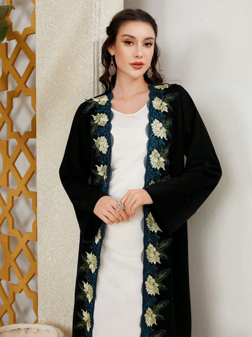 Women's Flower Embroidery Splicing Long Open Front Robe Abaya