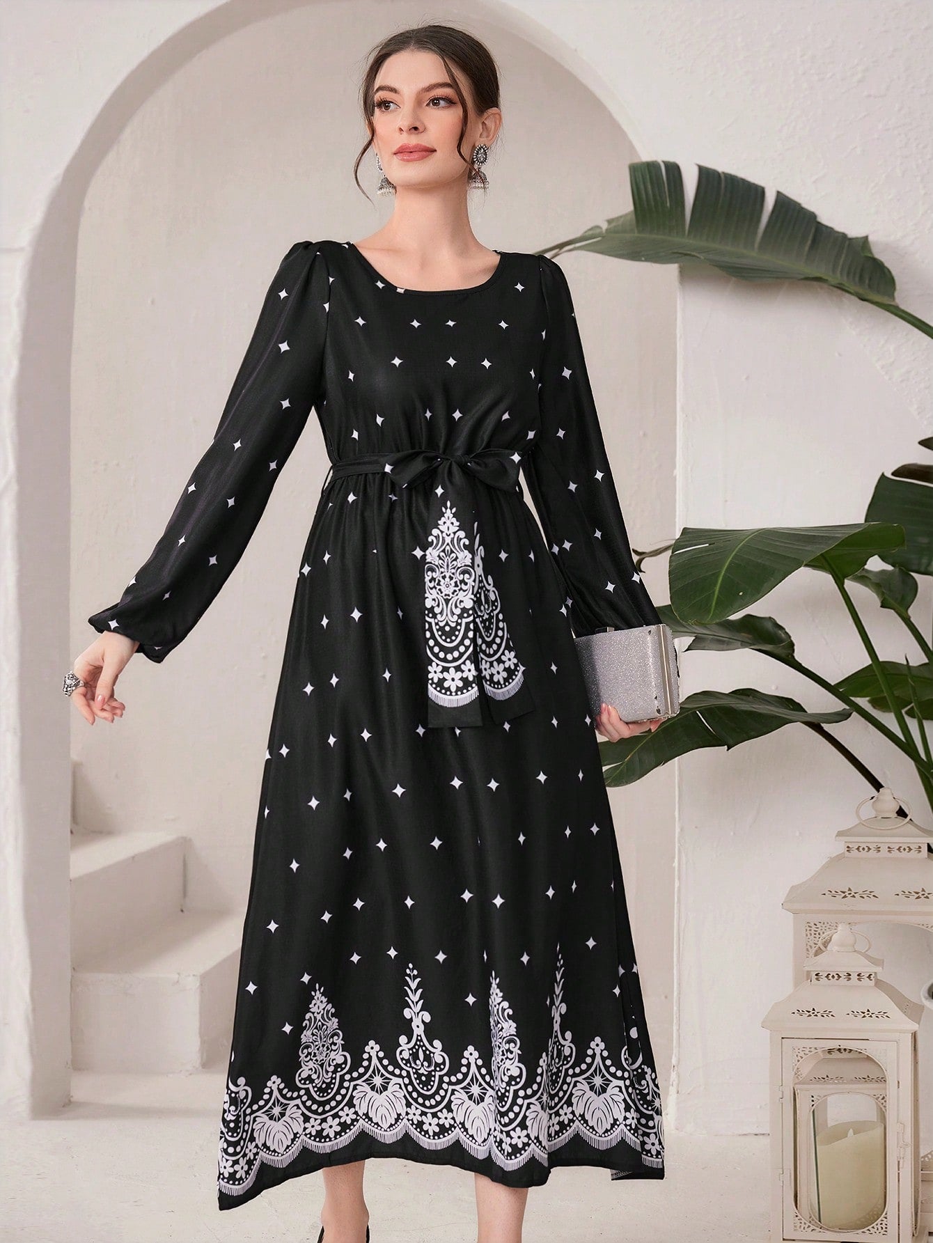 Women'S Polka Dot Printed Belted Lantern Sleeve Dress