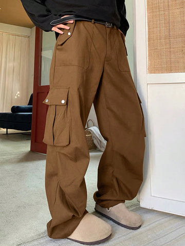 Men's Solid Color Cargo Trousers Straight Leg Long Plain Khaki Going Out