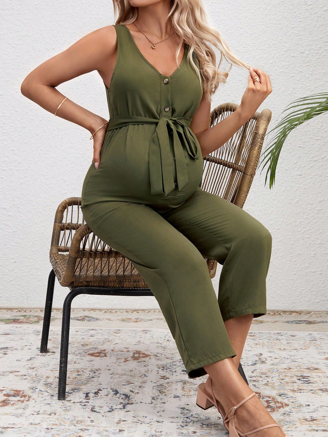 Maternity V-Neck Sleeveless Jumpsuit With Waistband