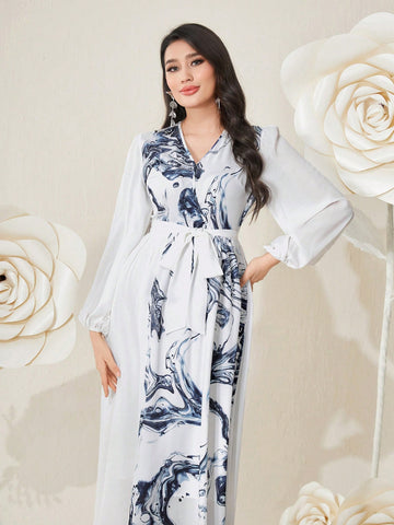 Women's Printed Patchwork Lantern Sleeve Dress For Spring