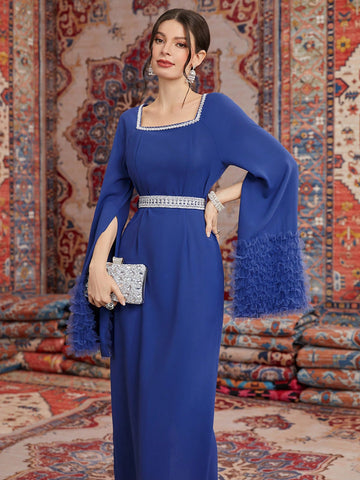 Women'S Arabian Style Dress With Cape Sleeves, Belted Waist And Woven Stripe Detail