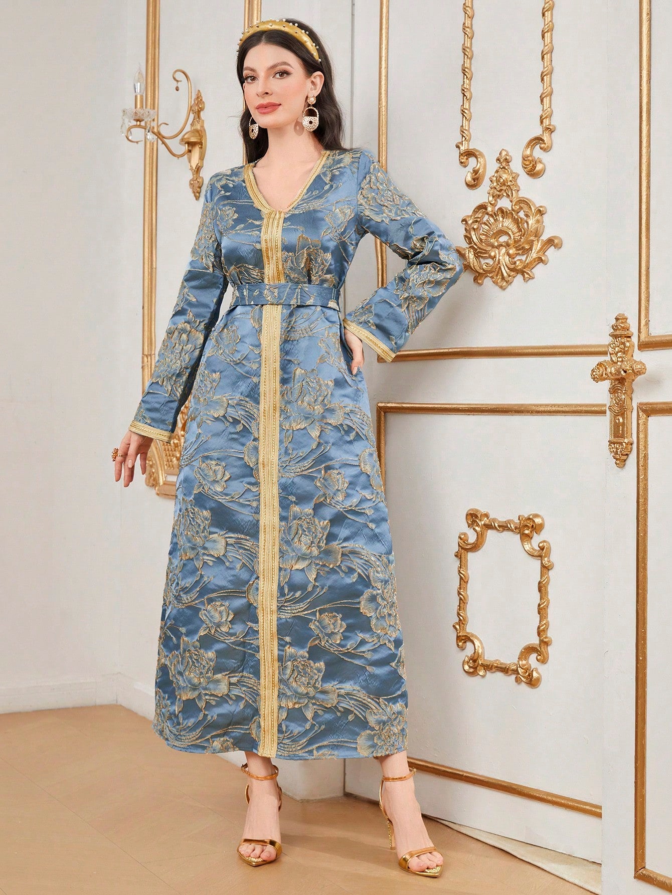 Contrast Color Embroidered Applique V-Neck Long Sleeve Jacquard Dress