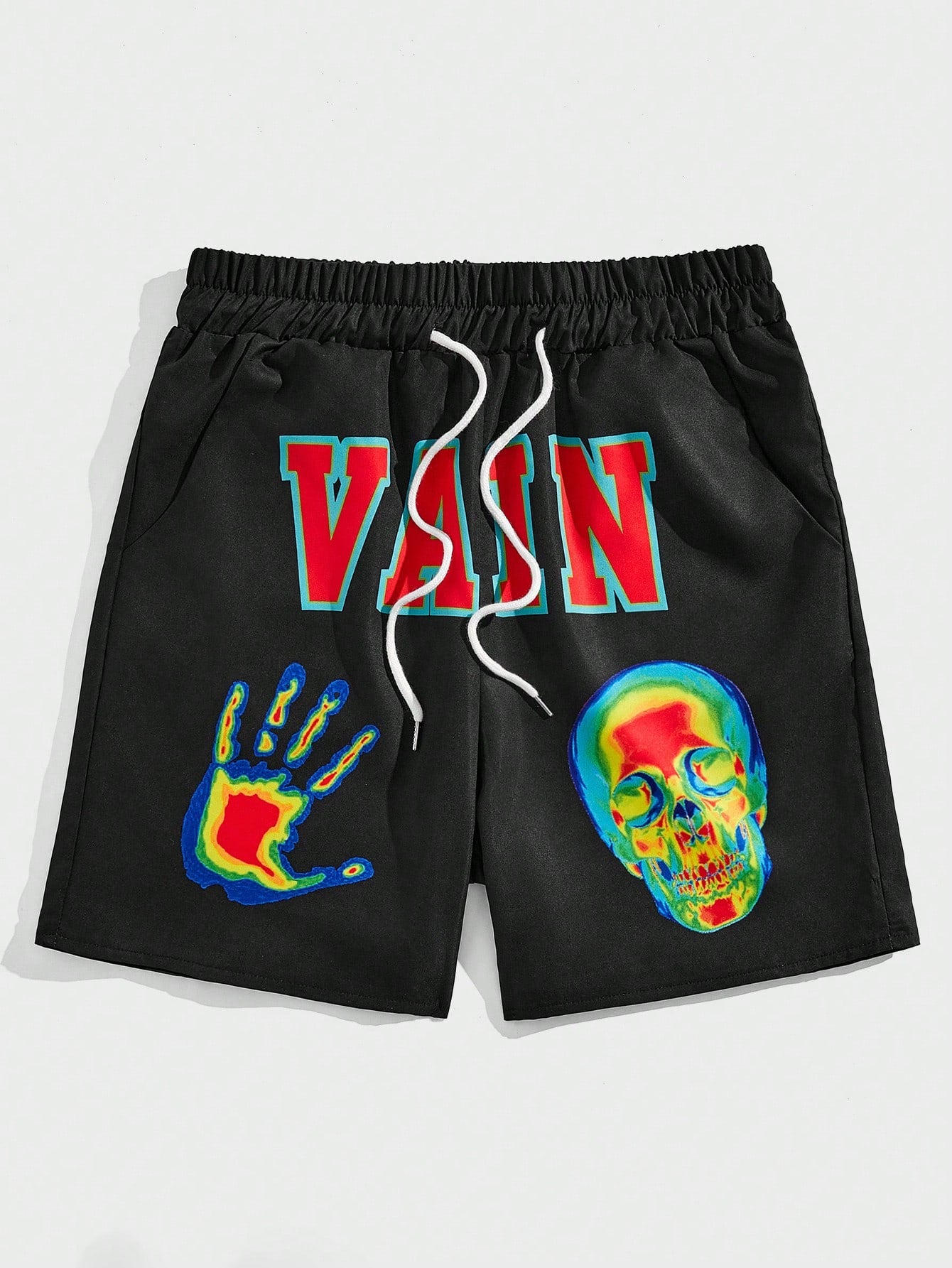 Men'S Skull Hand & Letter Print Drawstring Waist Shorts