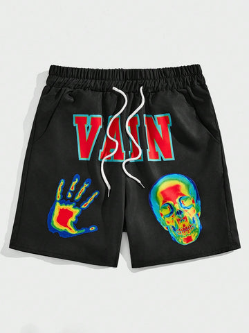 Men'S Skull Hand & Letter Print Drawstring Waist Shorts