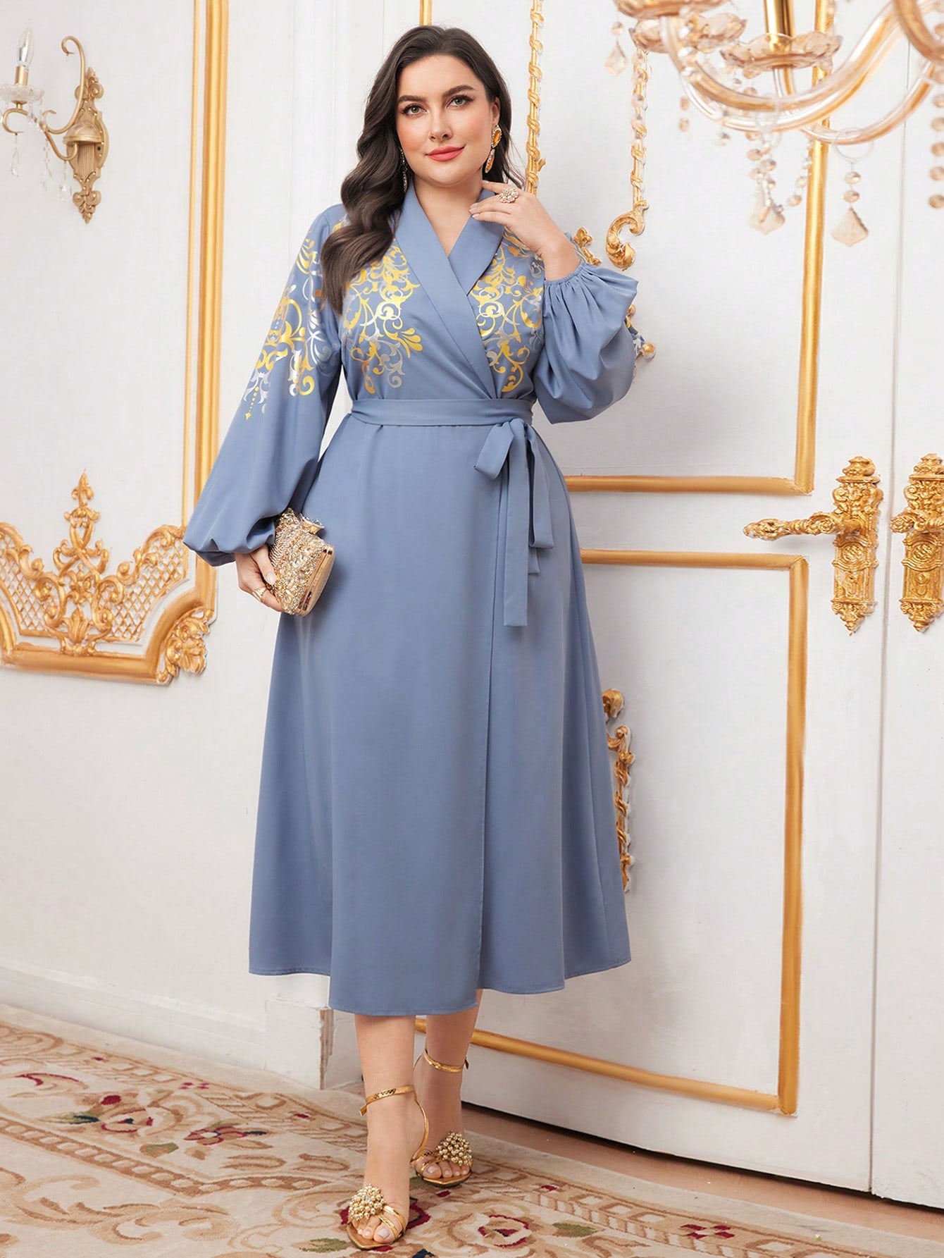 Plus Size Surplice Neck Long Sleeve Belted Dress