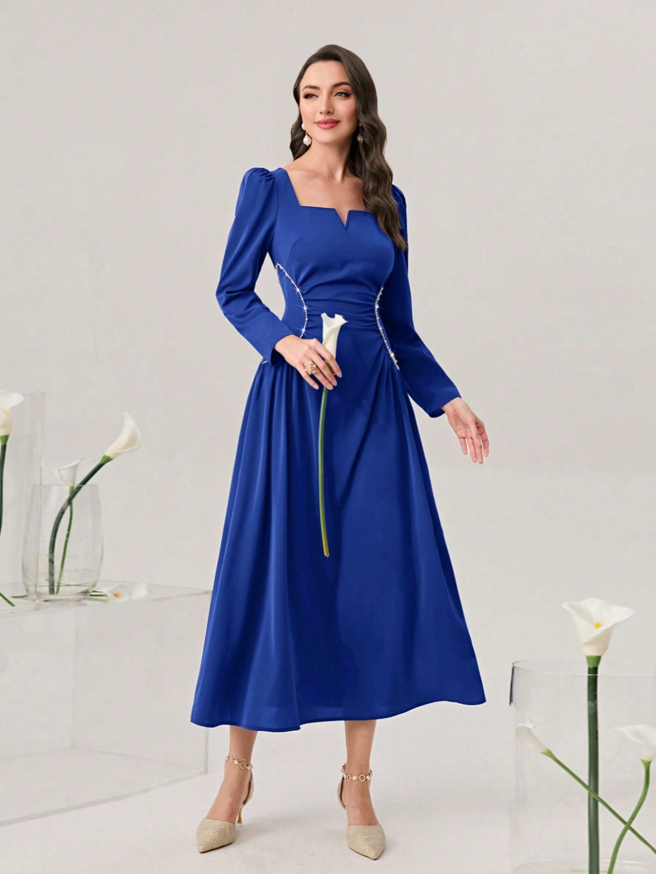 Sweetheart Neck Puff Sleeve Ruched Front Formal  Dress