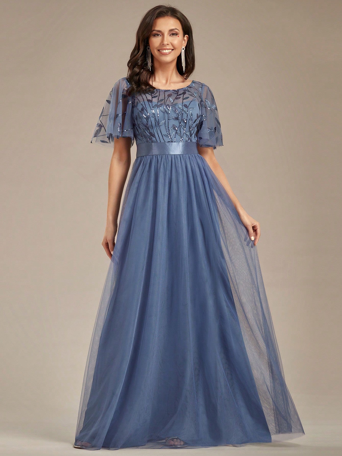 EVER-PRETTY Embroidery & Sequin Bodice Mesh Prom Dress