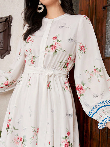 Women'S Floral Printed Lantern Long Sleeve Belted Shirt Dress