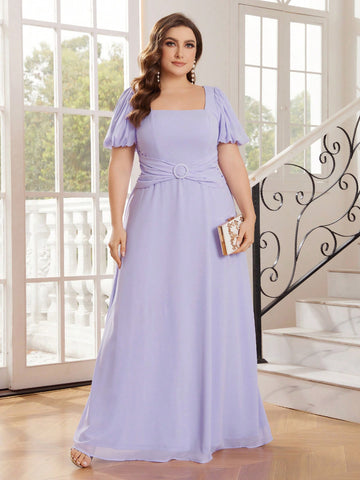 Plus Size Lilac Princess Puff Sleeve Cross Waist Design Bridesmaid Dress Wedding Dress Formal Dress