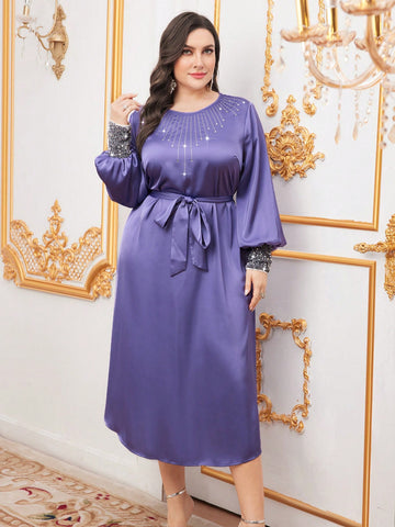 Plus Size Sequin And Rhinestone Decorated Lantern Sleeve Dress