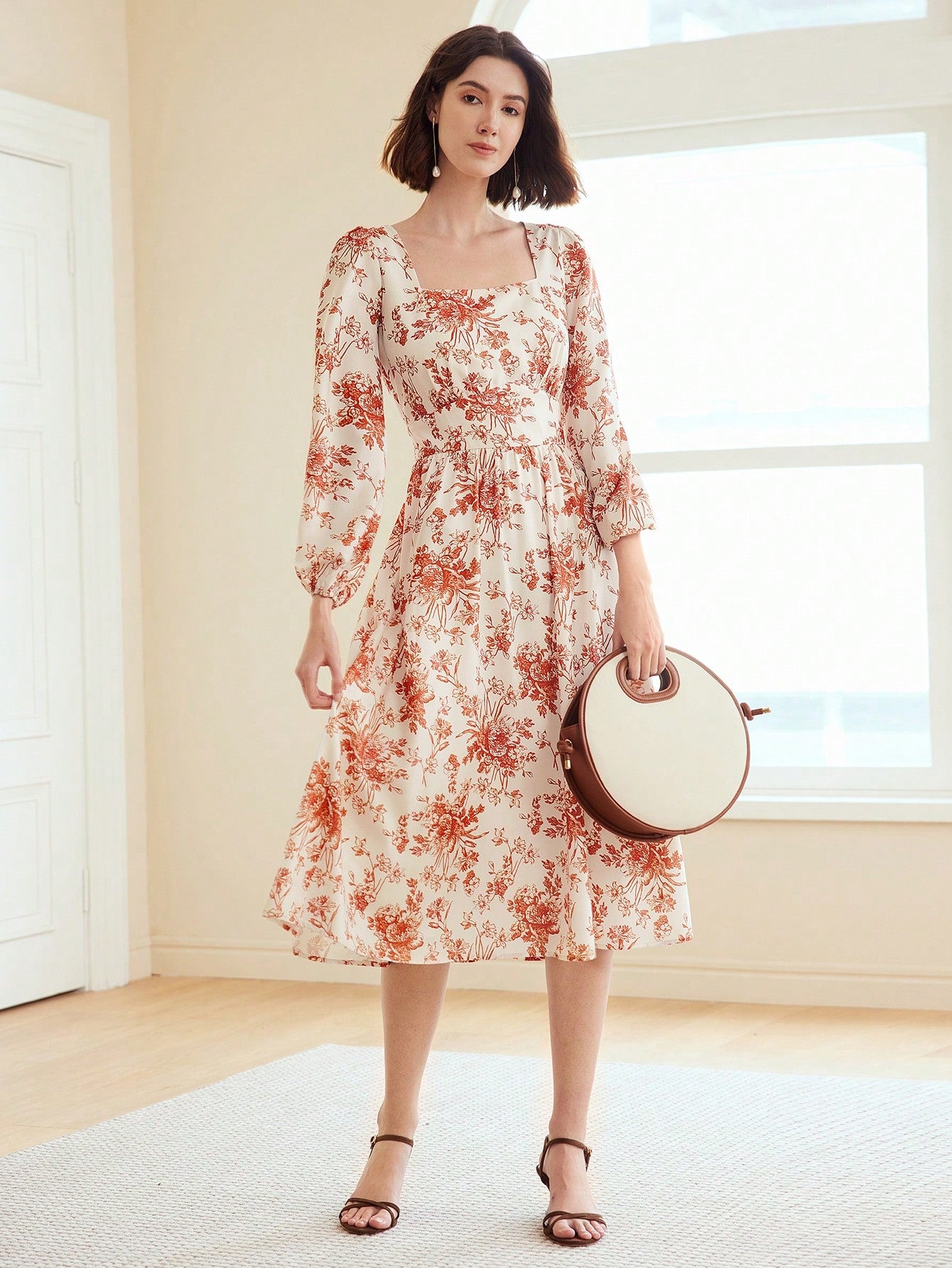 WOMEN'S WOVEN FLORAL PRINT SQUARE NECK DRESS