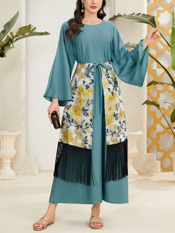 Embroidery Patchwork Fringe Decor Flare Sleeve Dress