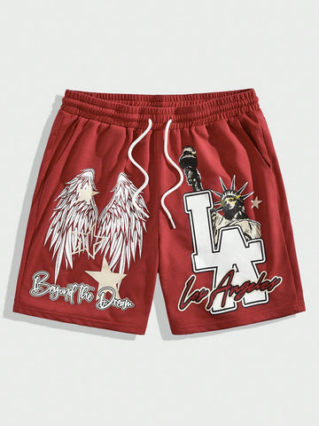 Men'S Wing & Letter Print Drawstring Waist Shorts, Suitable For Spring/Summer