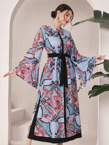 Floral Print Bell Sleeve Arabic Dress