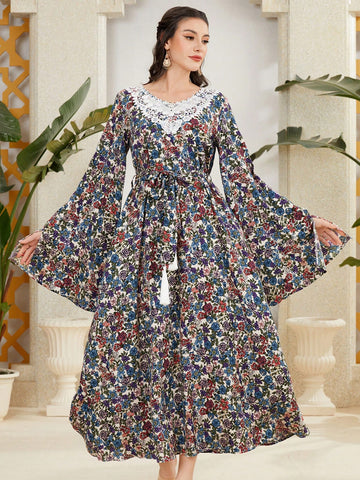 Women's Floral Print Bell Sleeve Arabic Style Dress