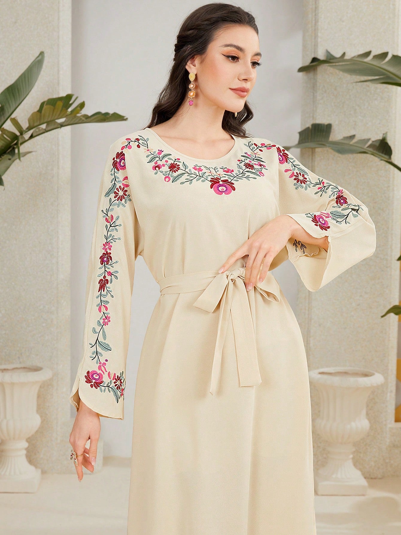 Women'S Botanical Embroidery Long Sleeve Dress