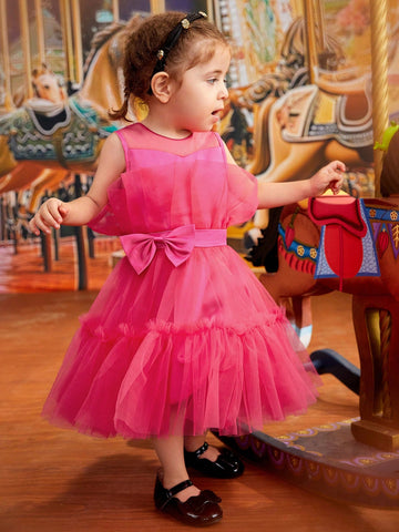 Baby Girl Spring/Summer Elegant Festive Cute Everyday Casual Dress In Gorgeous Mesh Material With Pink Bow