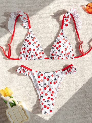 Women'S Bikini Set With Random Cherry Print And Ruffled Hem Decoration