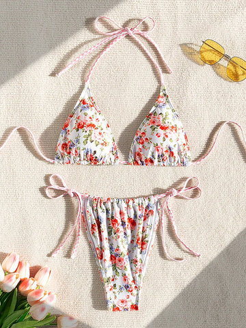 Women'S Random Floral Printed Knotted Side Bikini Swimwear Set