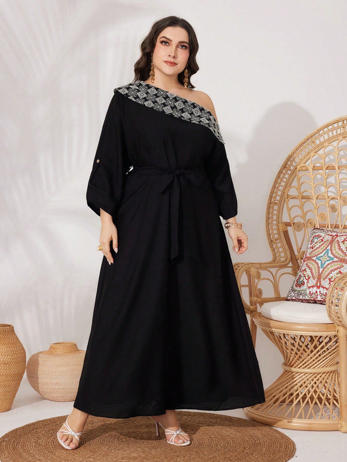 Plus Size Geometric Pattern Asymmetric Neckline Dress