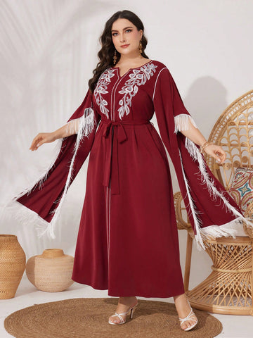 Plus Size Women's Arabian Clothing With Botanical Pattern Patchwork And Tassel Hemline