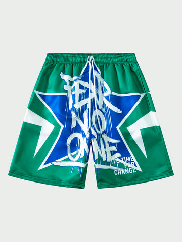 Men'S Color Block Star & Letter Print Woven Shorts, Suitable For Daily Wear In Spring And Summer