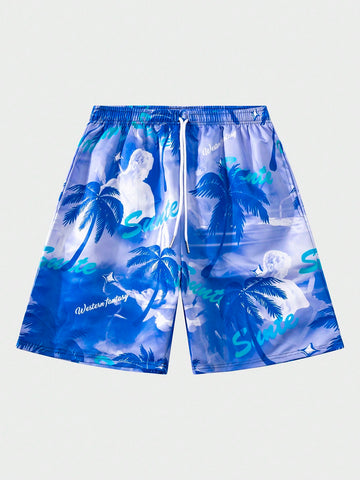 Men'S Palm Tree Printed Woven Shorts, Perfect For Vacation And Daily Wear In Spring And Summer