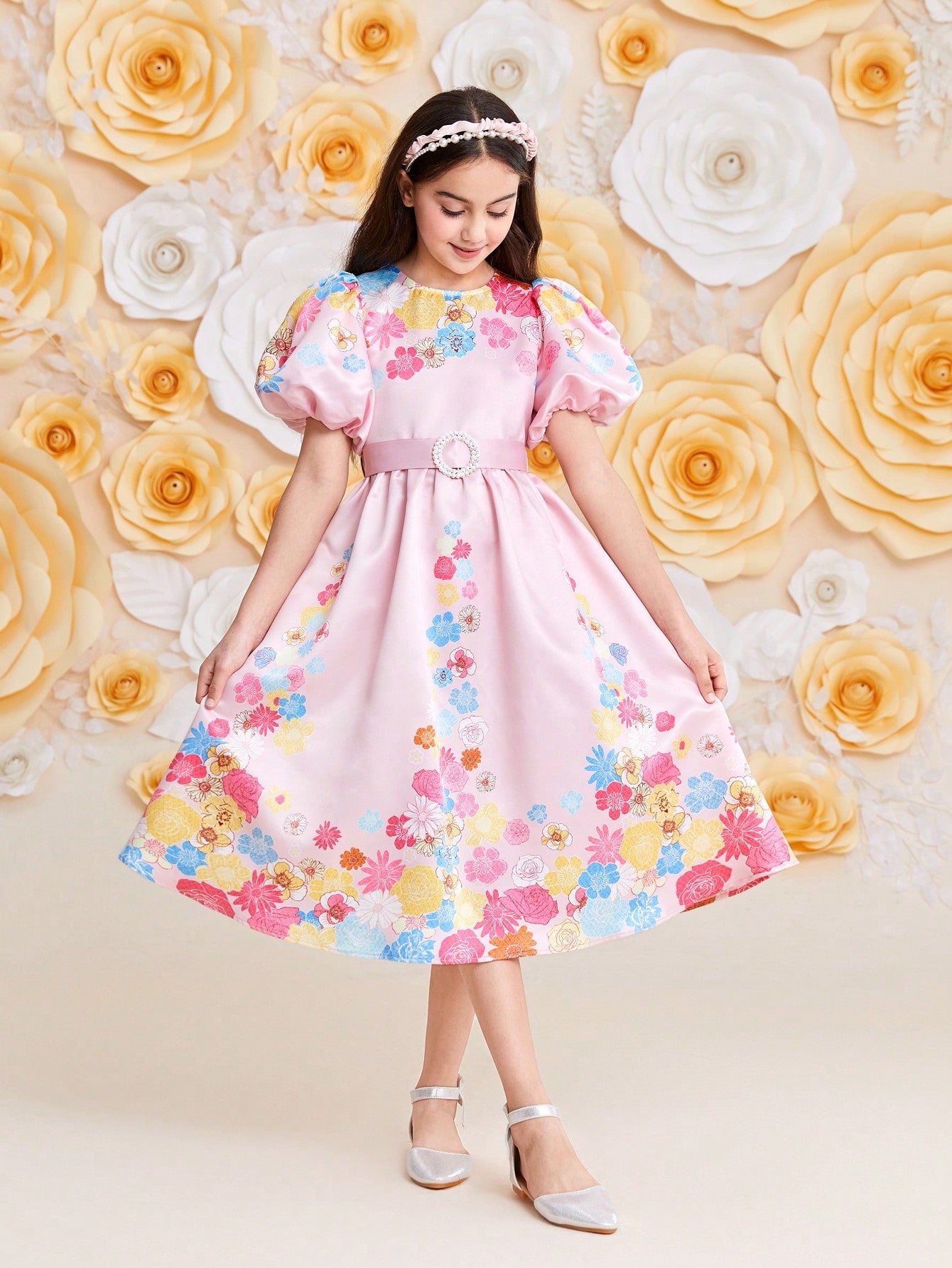 Tween Girls' Lovely Flower Printed Round Neck Puff Sleeve Dress